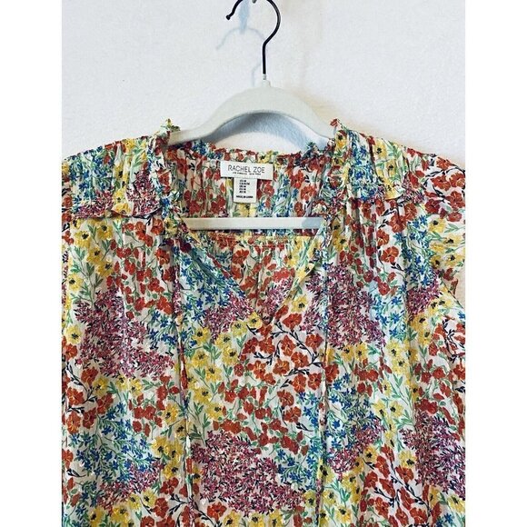 Rachel Zoe Top Womens Medium Ditsy Floral Ruffle Tie Neck Silky Boho Flirty - Picture 2 of 7